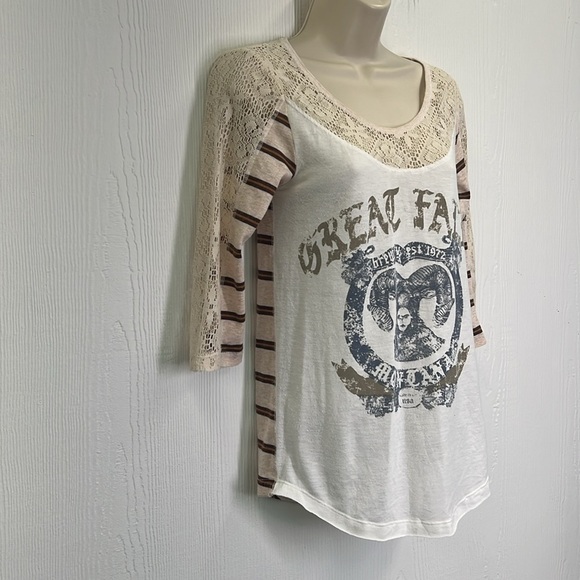 Free People - We The Free Great Falls Montana Stripe Lace Graphic Top Size Small - Picture 4 of 12